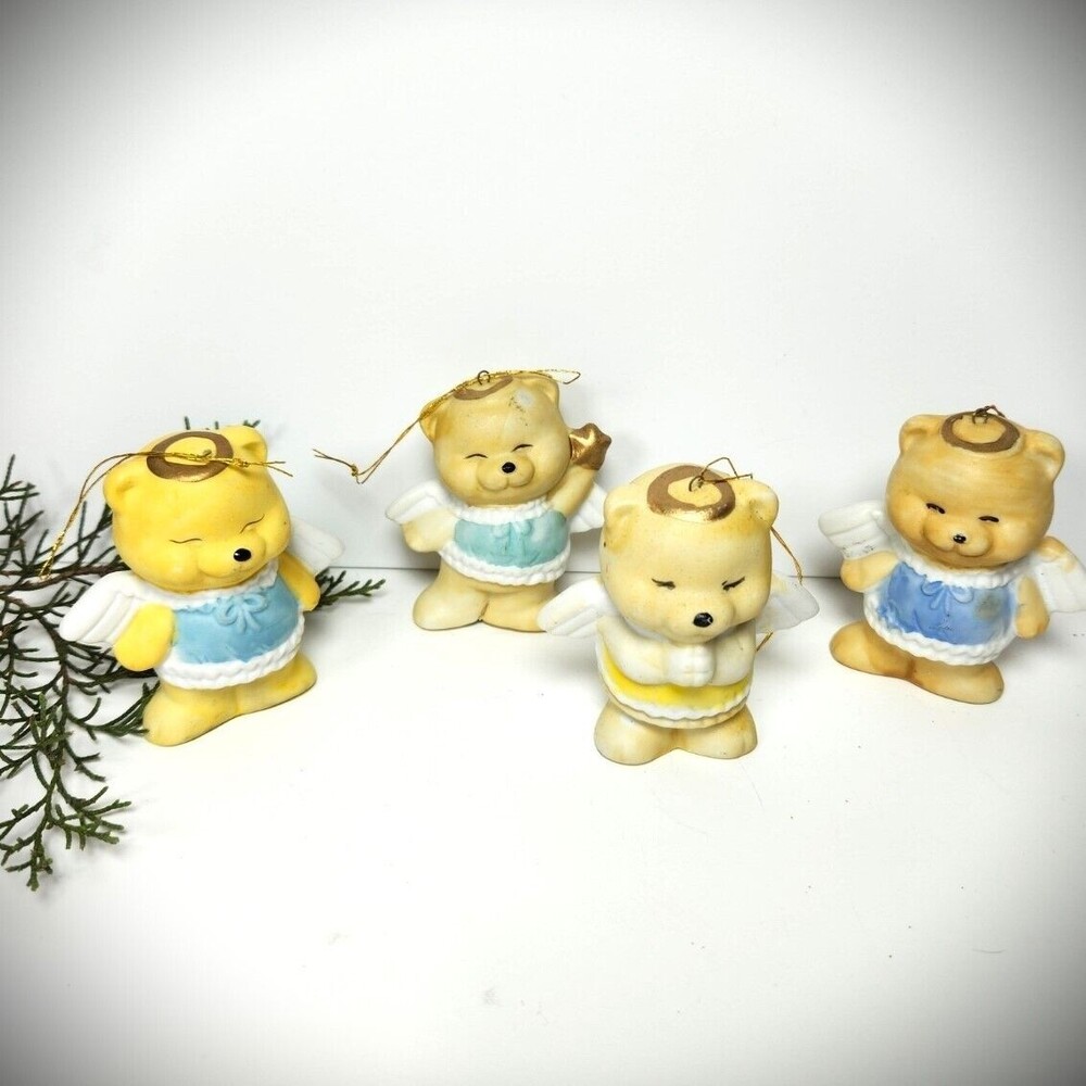 Vintage Ceramic Teddy Bear Angel Christmas Ornaments Gold Halo Lot of 4